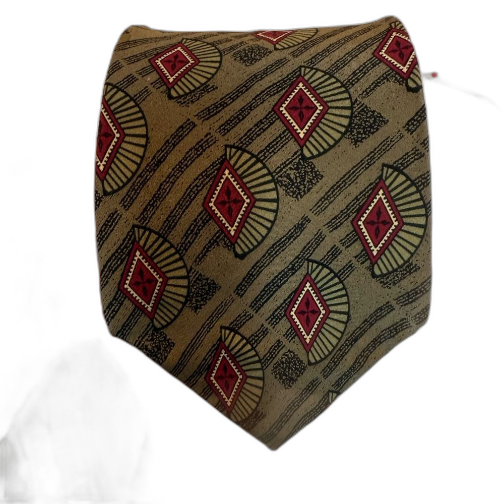 Vintage Karl Lagerfeld Silk Tie Geometric Fan Olive Red Black Cream